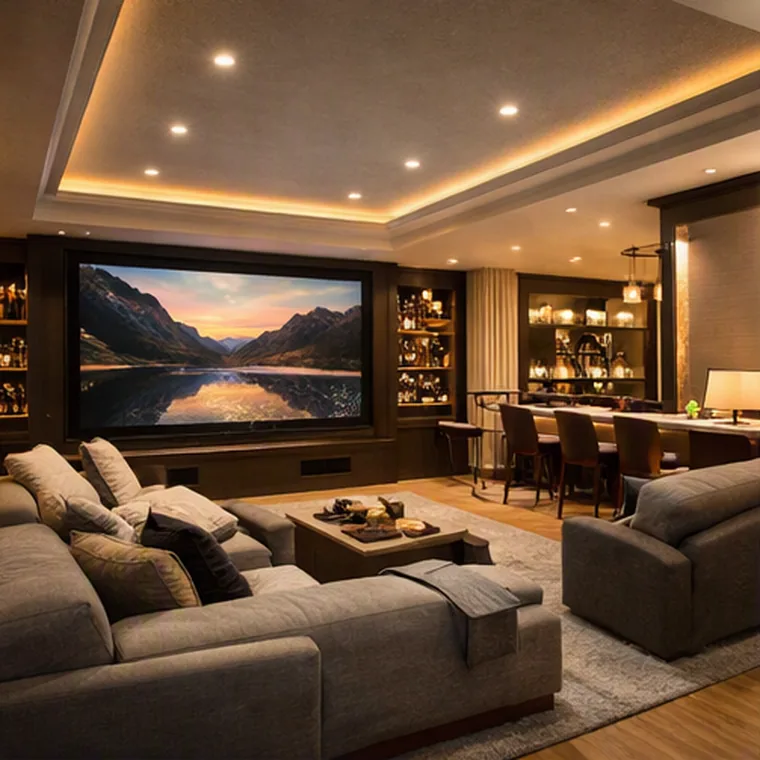 Basement home theatre with sectional seating, recessed lighting and a wet bar