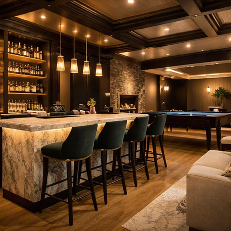 Basement wet bar with stone-faced island, green bar stools and a billiards area
