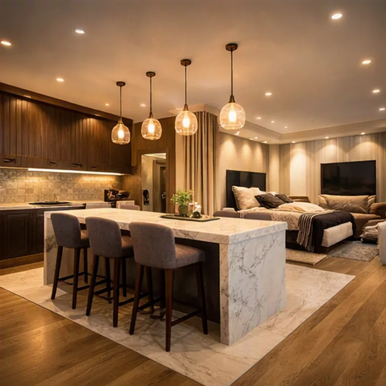 Basement kitchenette with marble island and glass pendant lights