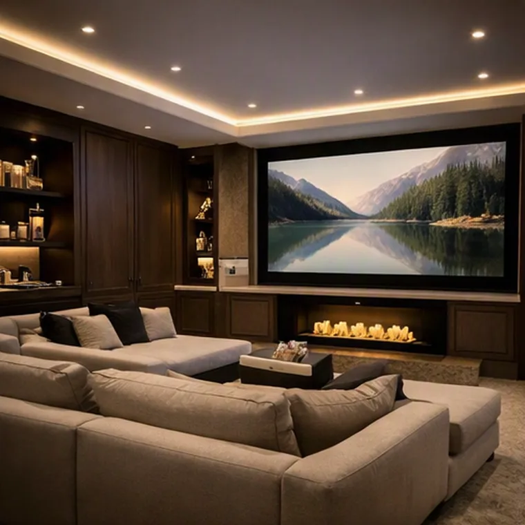 Finished basement family room with built-in media wall, large sectional and cove lighting
