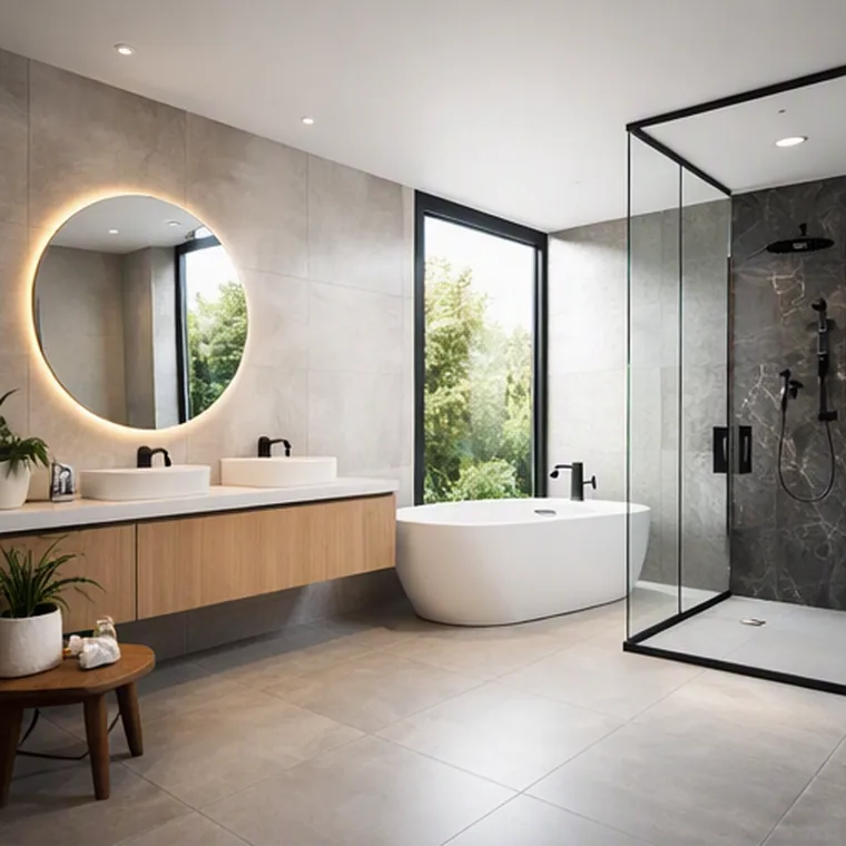 Renovated bathroom with freestanding tub, glass walk-in shower and floating double vanity