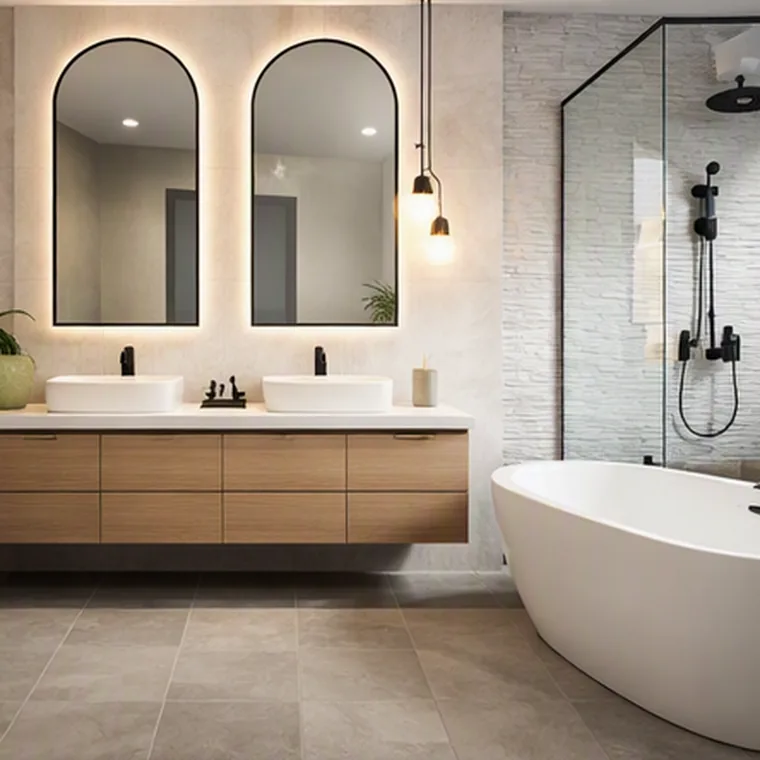 Bathroom with arched backlit mirrors, floating wood vanity and freestanding tub