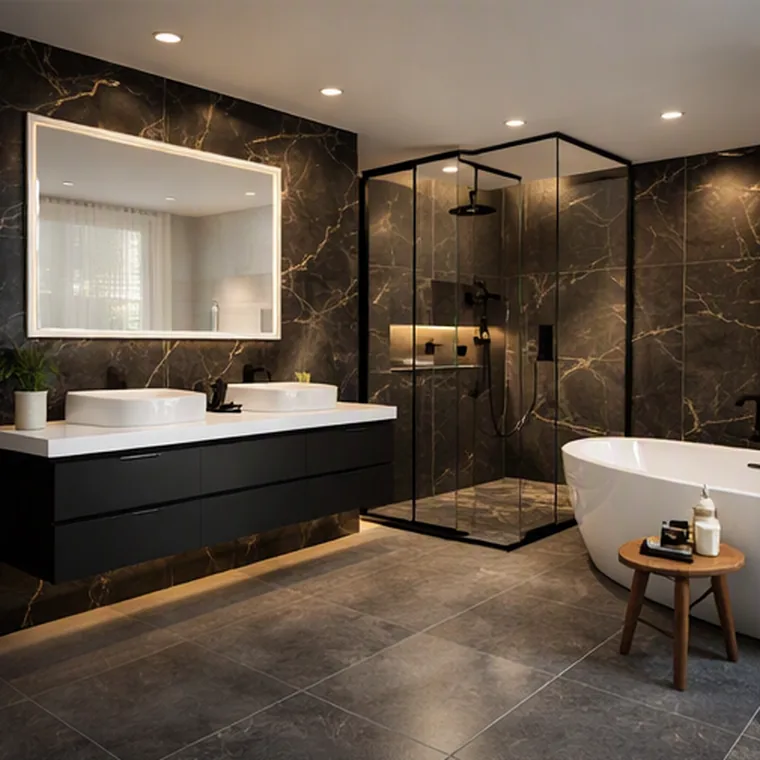 Bathroom with dark marble walls, glass shower and freestanding tub