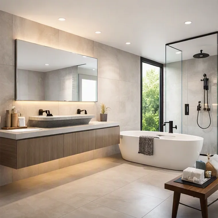 Bright bathroom with floating vanity, vessel sink and walk-in shower