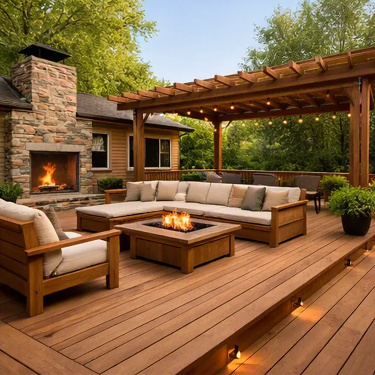 Backyard wood deck with a pergola, outdoor sectional, fire table and stone fireplace