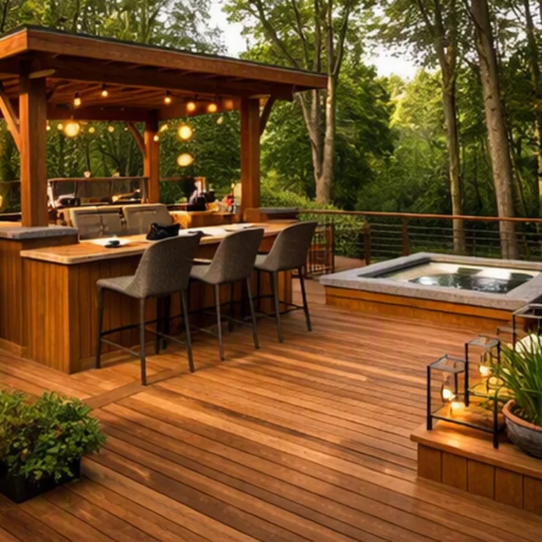 Backyard deck with a covered outdoor bar, built-in hot tub and planters