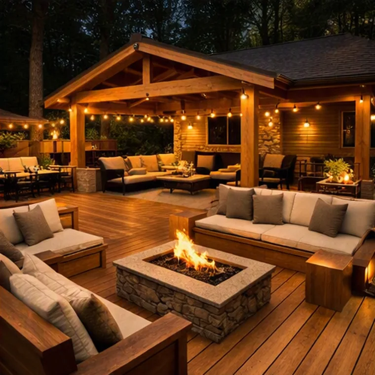Covered backyard pavilion with string lights, outdoor seating and a stone fire pit
