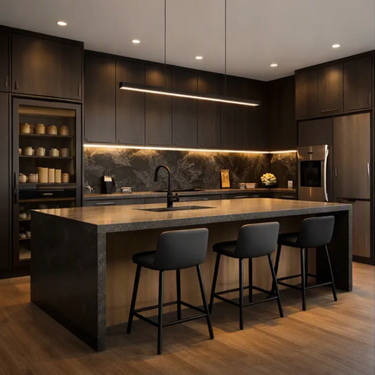 Dark modern kitchen with stone island and under-cabinet lighting